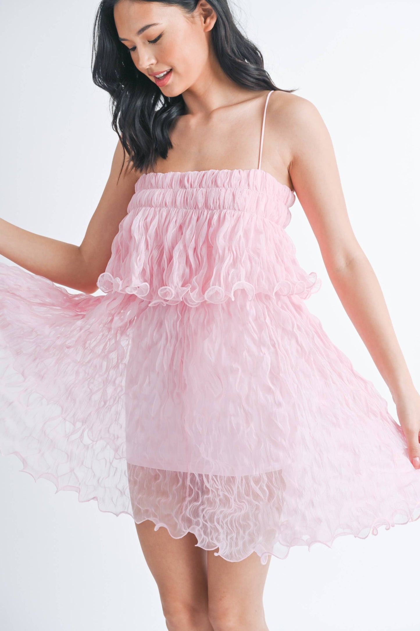 ID7877 PLEATED TULLE RUFFLED TIERED MINI DRESS