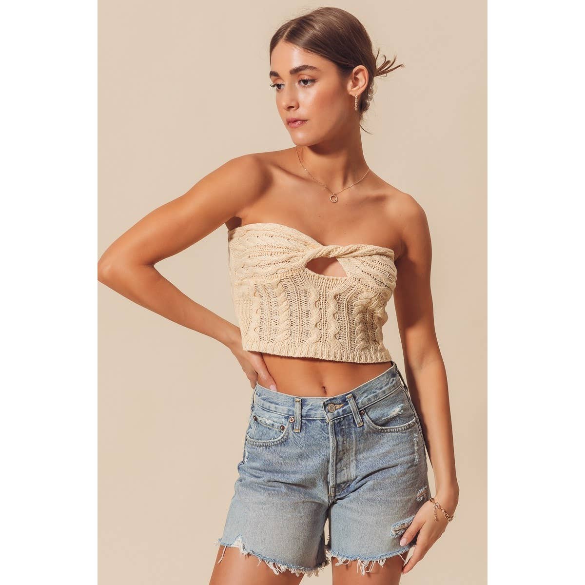 TWISTED FRONT CABLE KNIT CROCHET SUMMER TUBE TOP