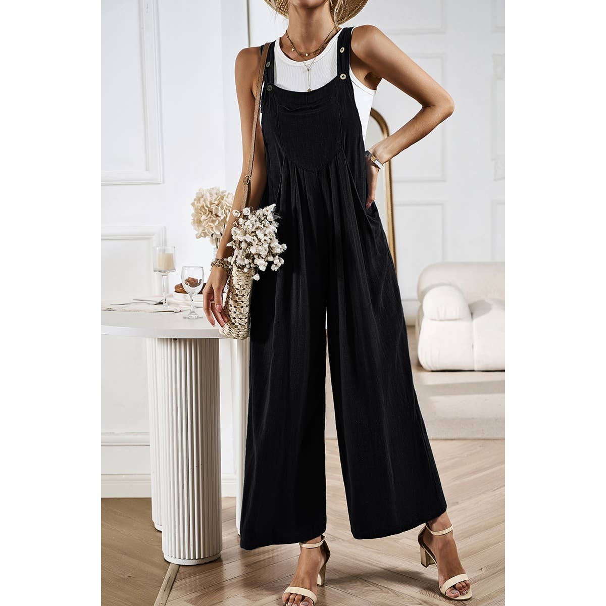 Solid Wide Leg Pocketed Shoulder Tie Overalls