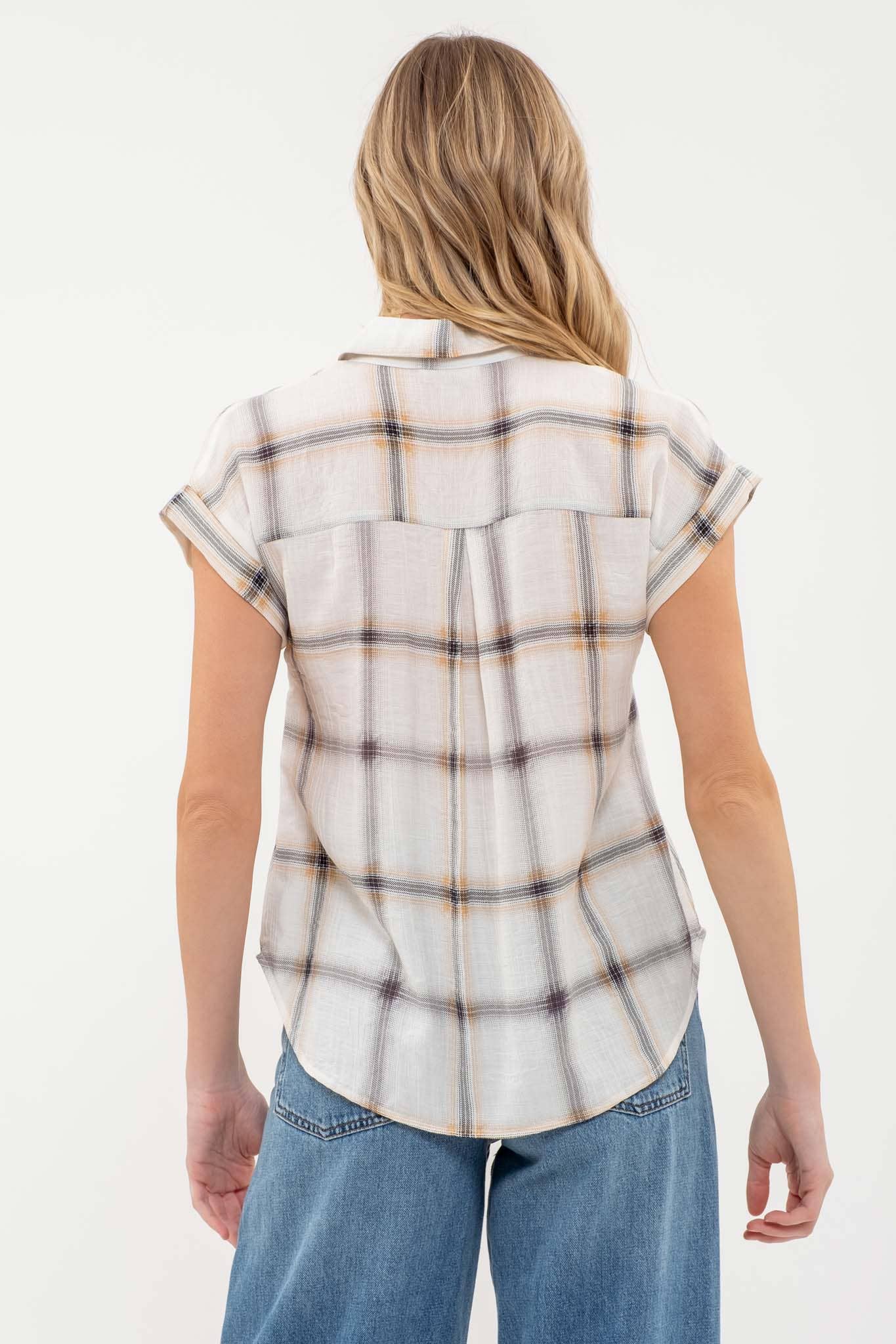 PLAID BUTTON DOWN COLLARED SHORT FOLD SLEEVE SHIRT