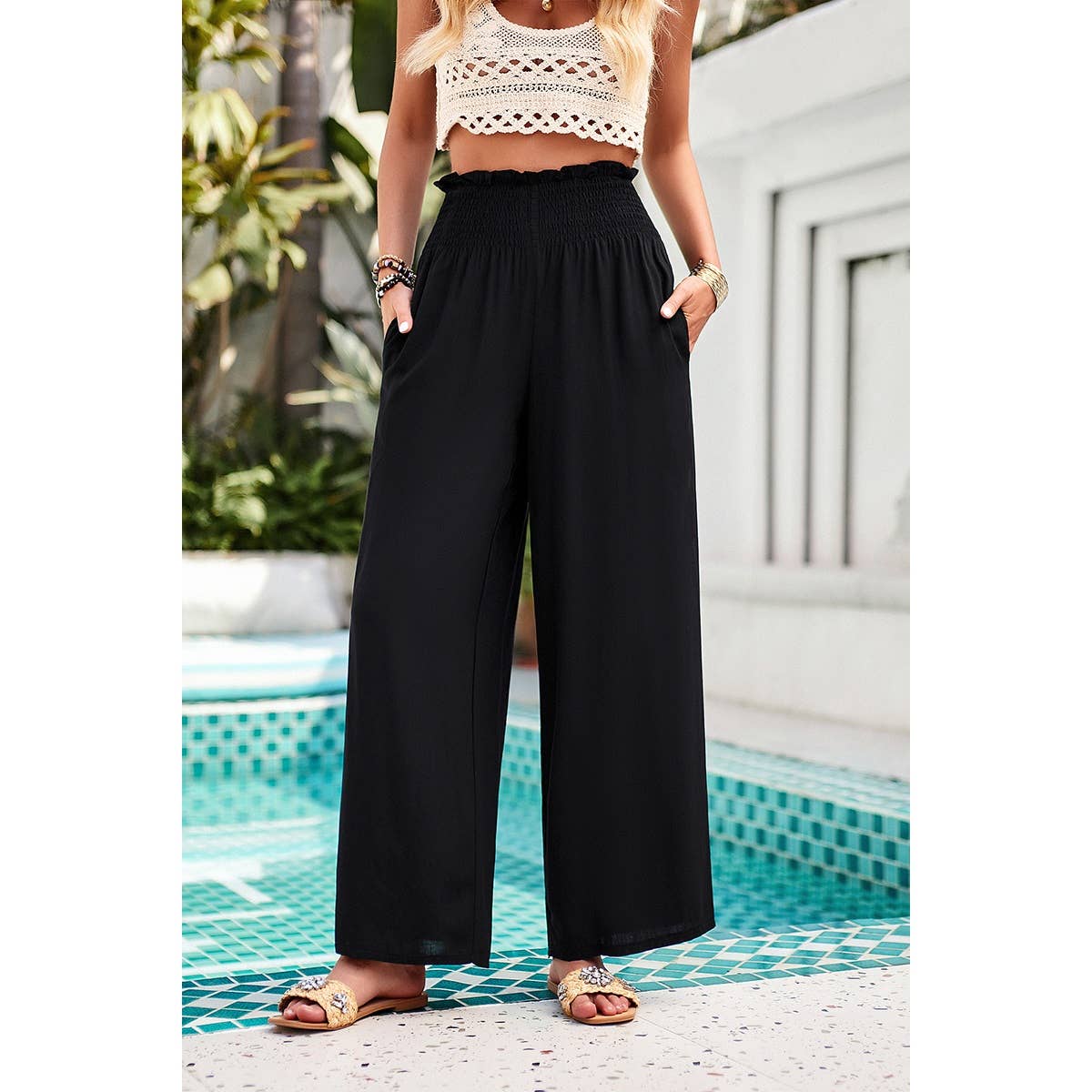 High Elastic Waist Wide Straight Leg Pockets Pants