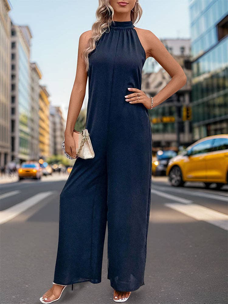 Women's Neck Solid Color Straight Jumpsuit