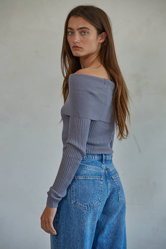 W1695 | Knit Sweater Ribbed Foldover Off The Shoulder Top