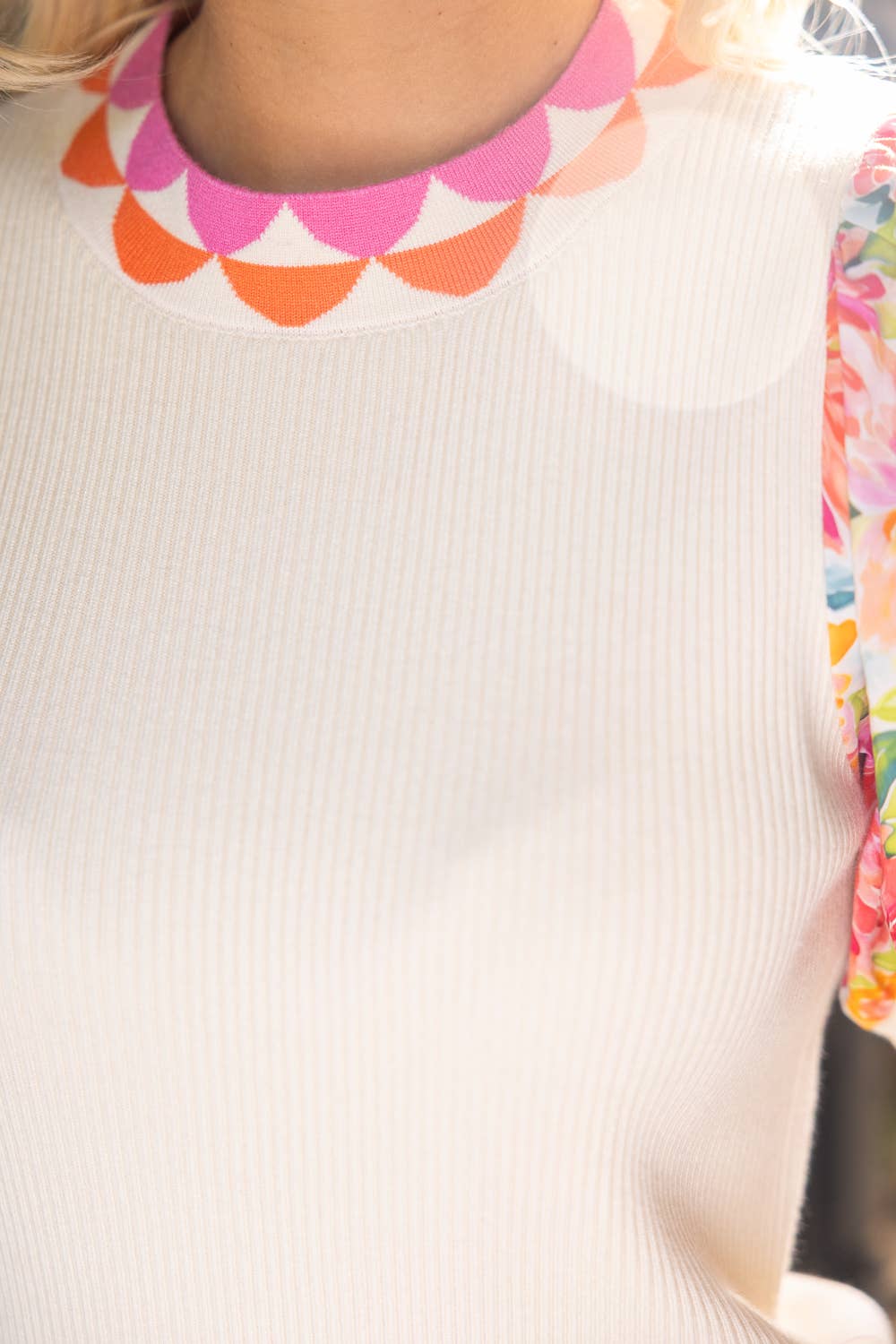 Floral Contrast Sleeve Solid Ribbed Knit Top