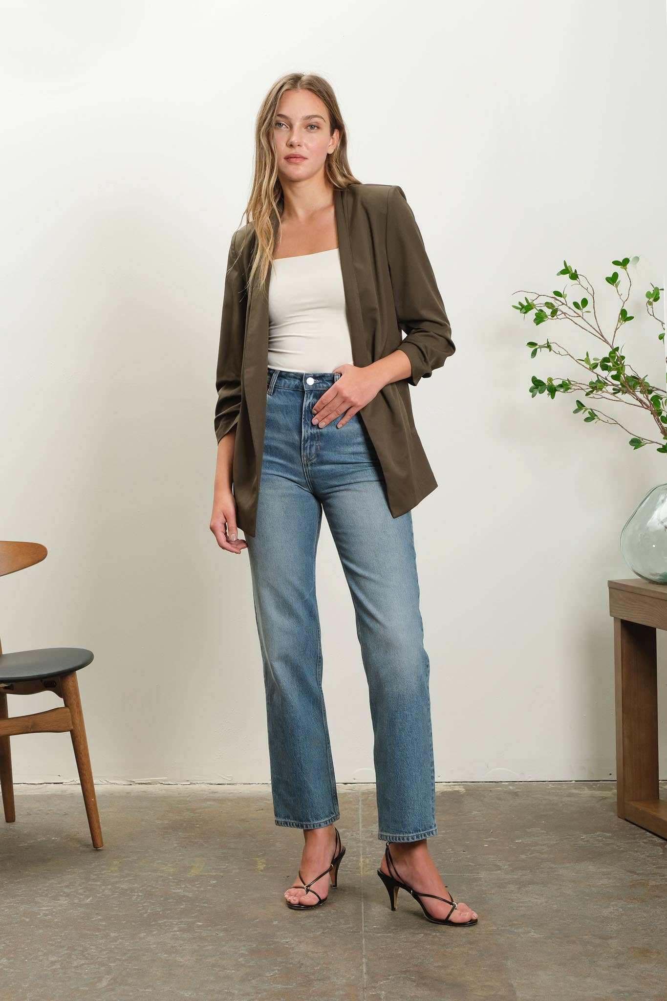 COLLARLESS 3/4 RUCHED SLEEVE LONGLINE BLAZER