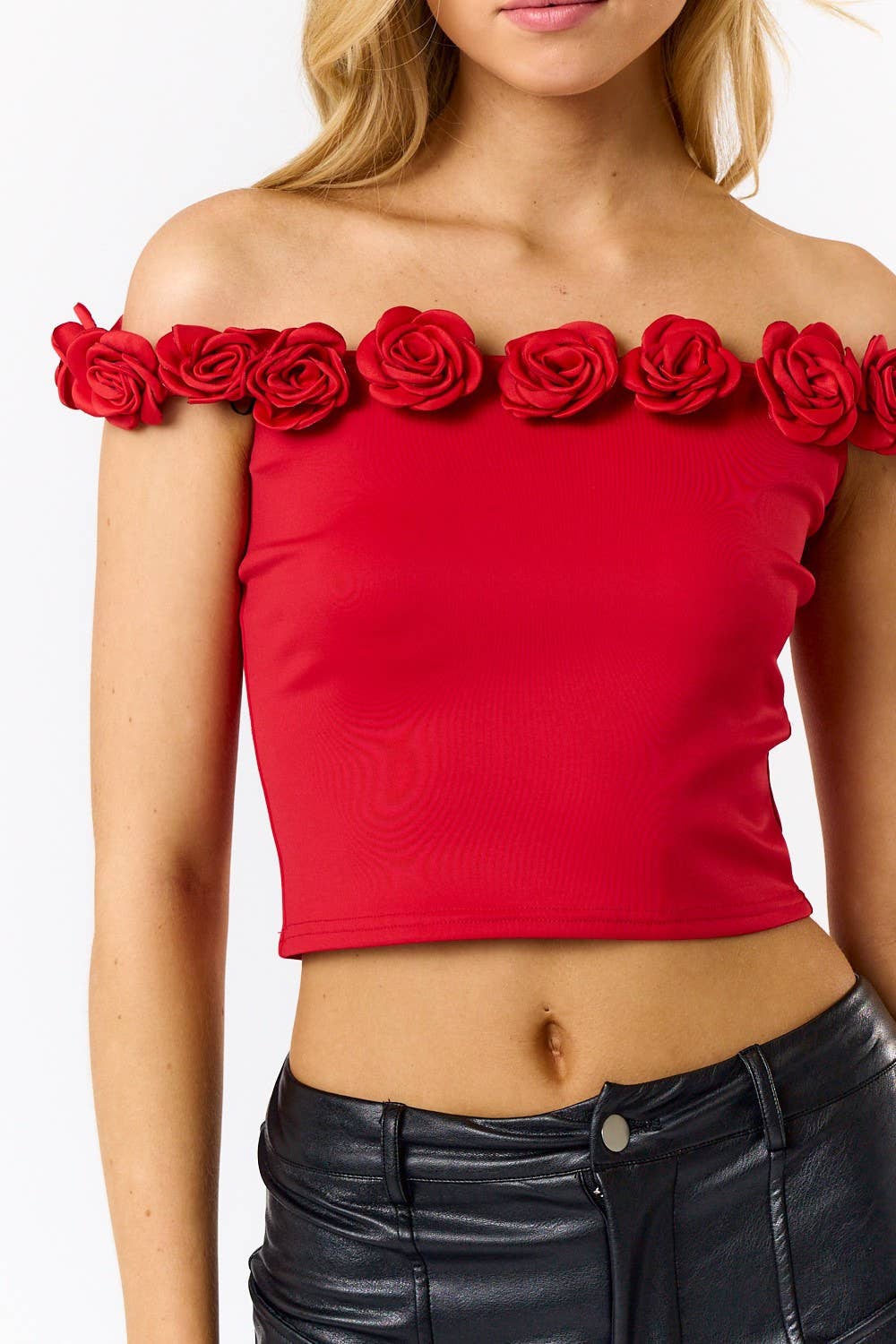 IBT32035 ROSETTE OFF-SHOULDER CROP TOP