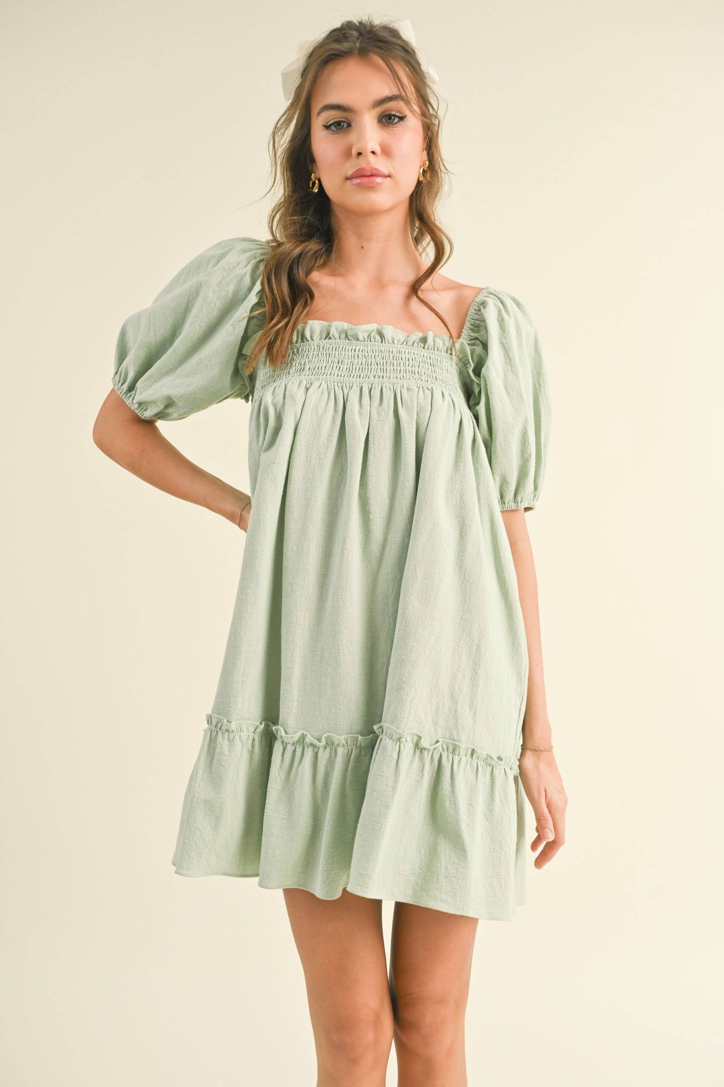 ID7048 PUFF SLEEVE SMOCKING BABY DOLL DRESS