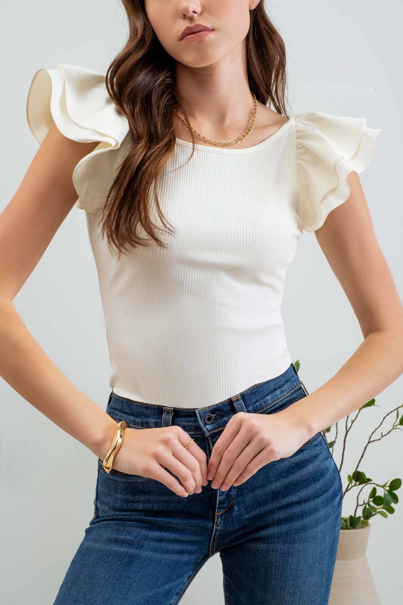 DOUBLE RUFFLE SLEEVE RIBBED KNIT TOP