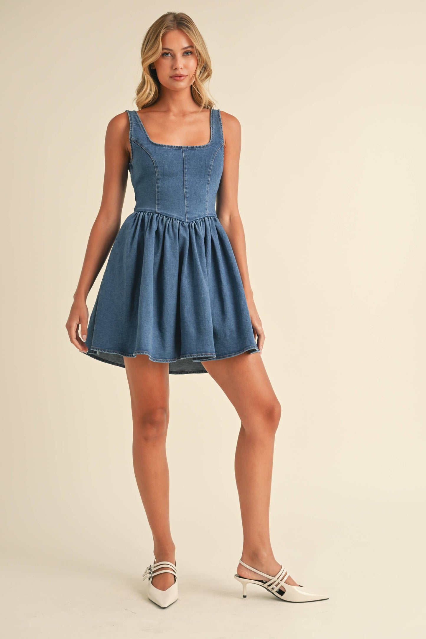 ID8595 DENIM BACK BOW CHEVRON WAIST FLARED MINI DRESS