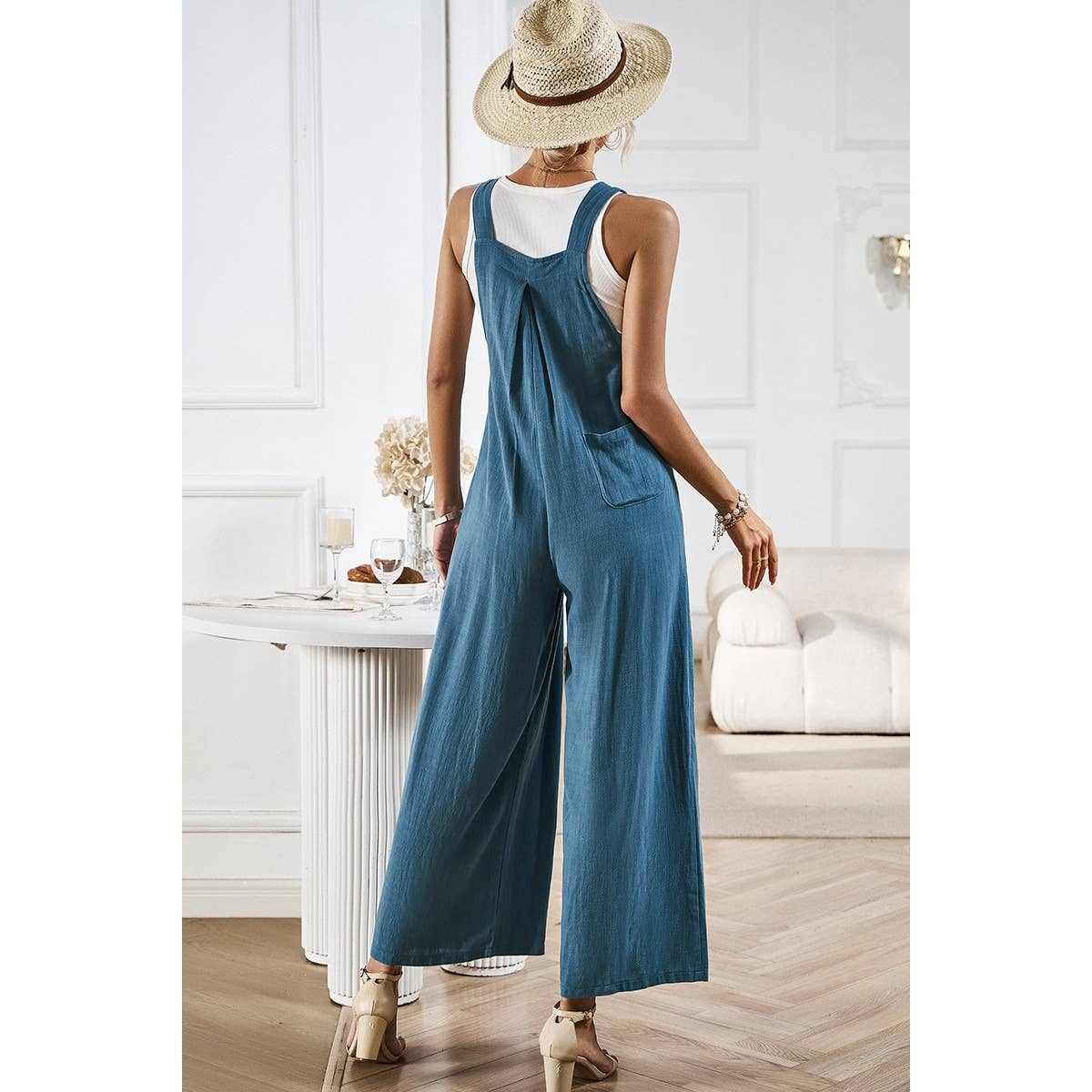 Solid Wide Leg Pocketed Shoulder Tie Overalls