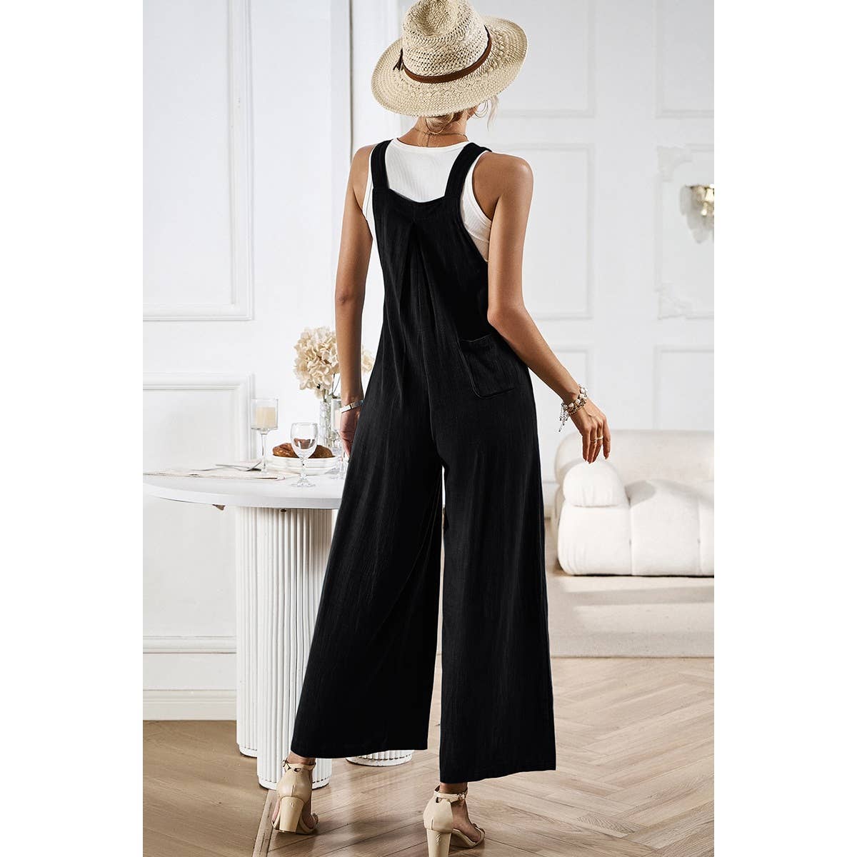 Solid Wide Leg Pocketed Shoulder Tie Overalls