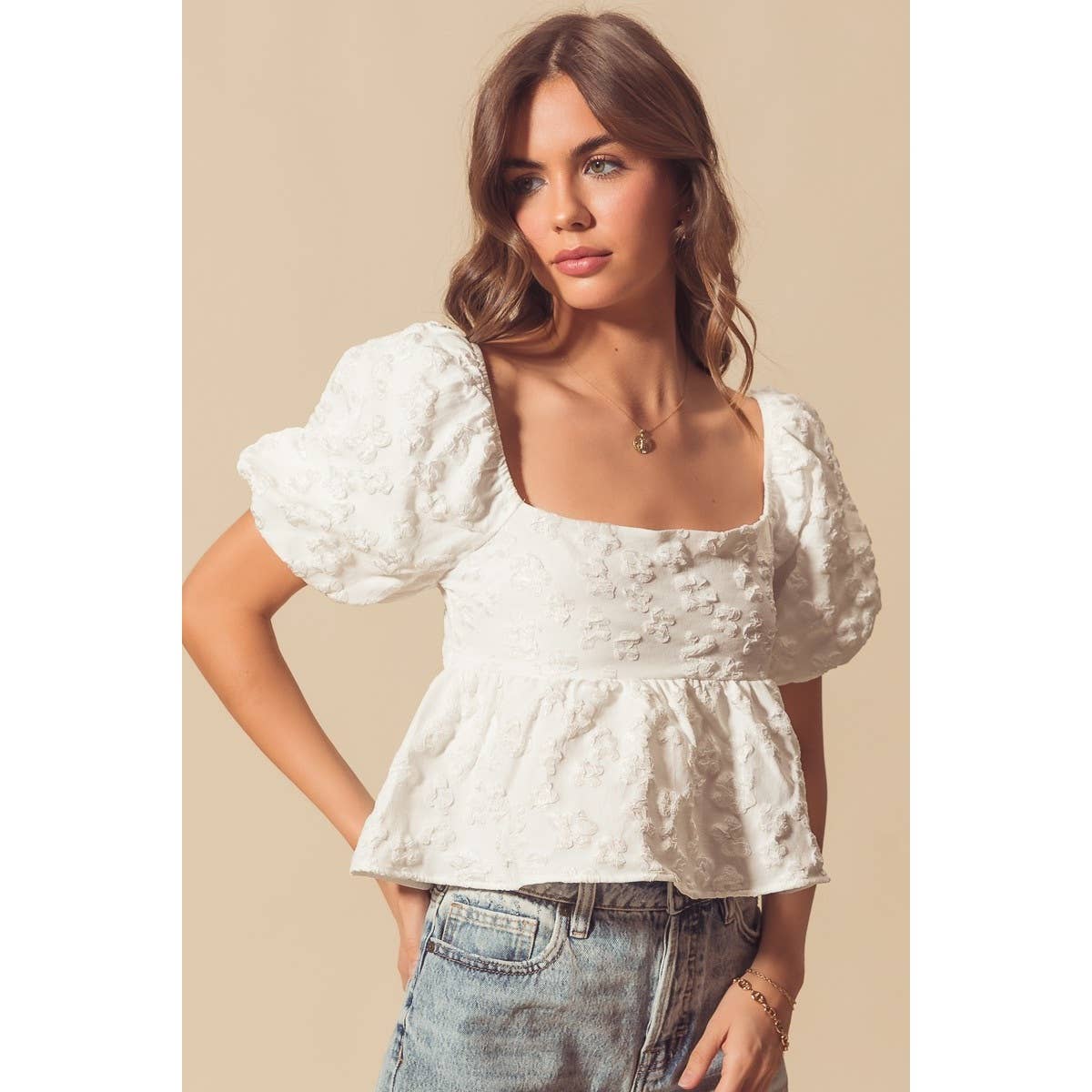 FLOWER JACQUARD BABYDOLL CROP TOP WITH TIE BACK