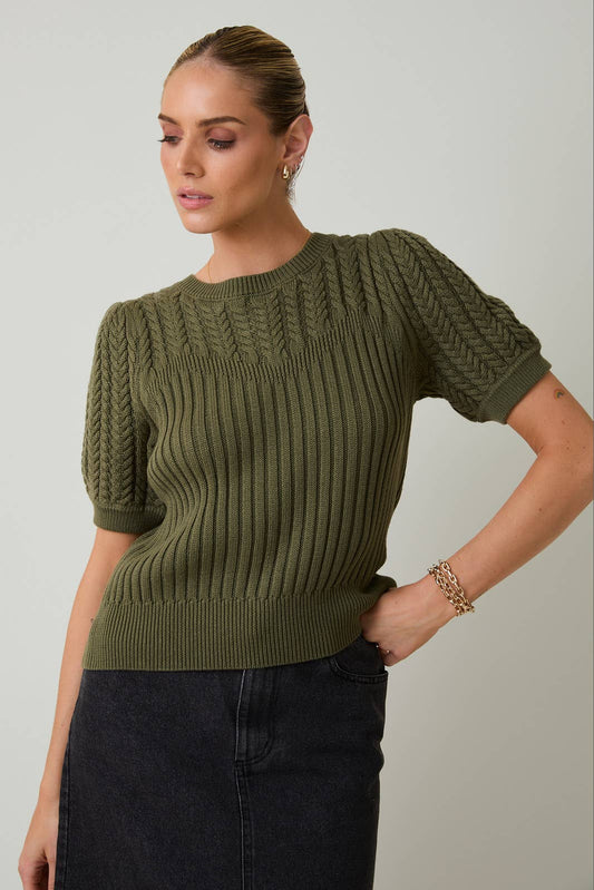 ROUND NECK PUFF SHORT SLEEVE CABLE SWEATER