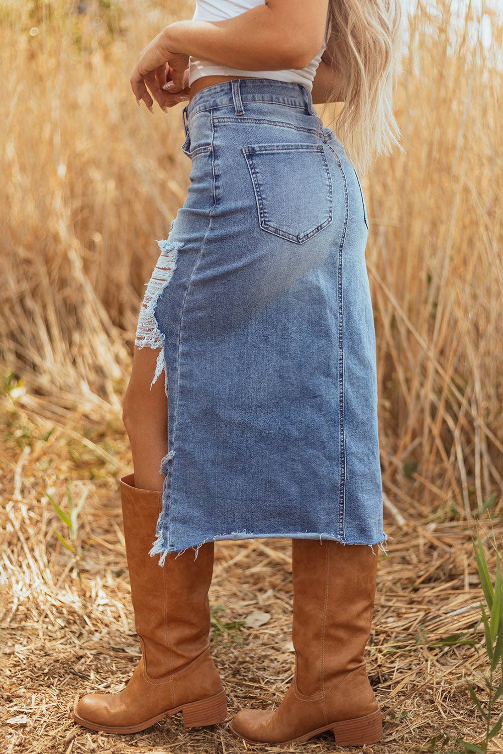 Denim Distressed Midi Skirt