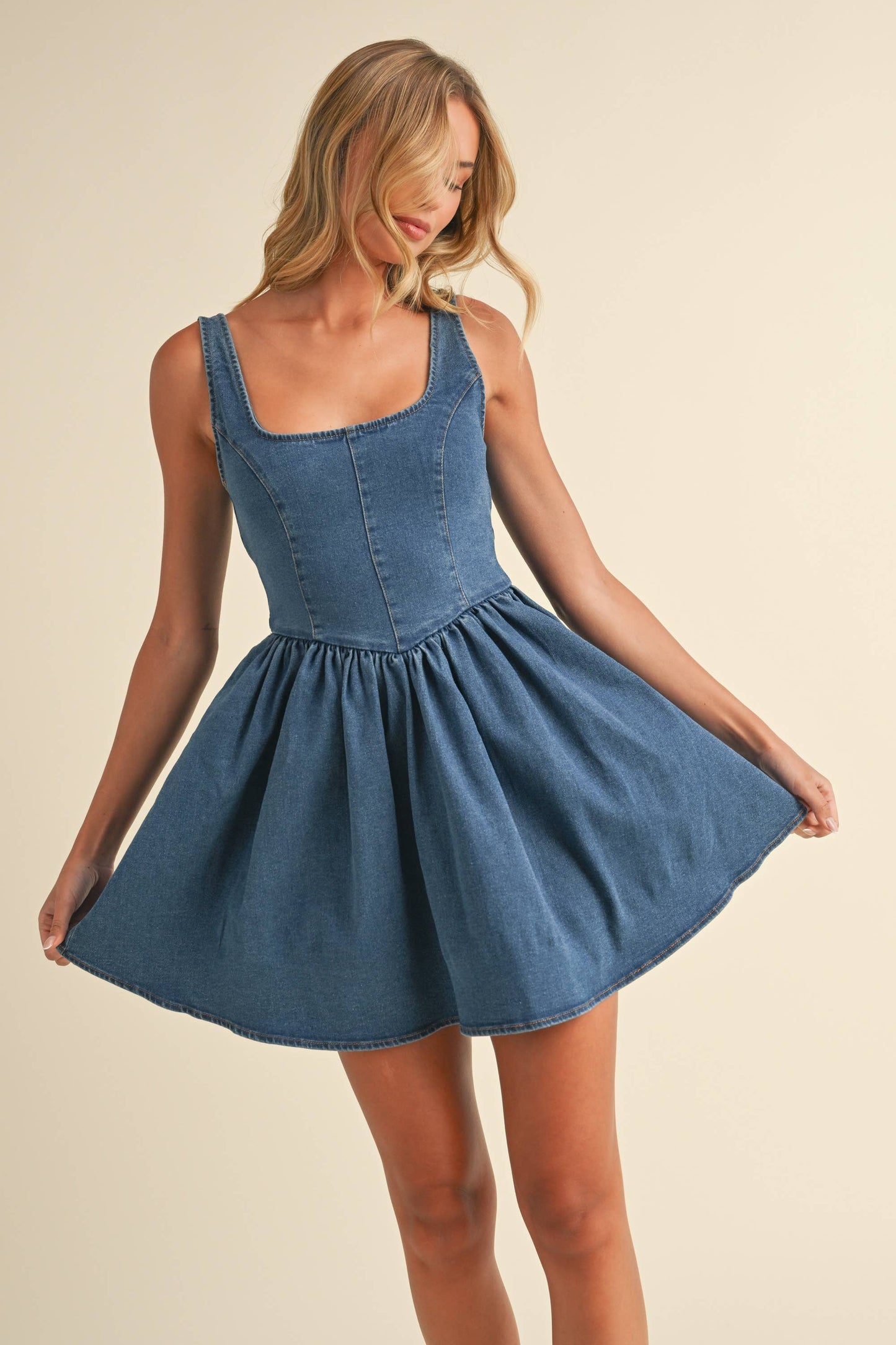 ID8595 DENIM BACK BOW CHEVRON WAIST FLARED MINI DRESS