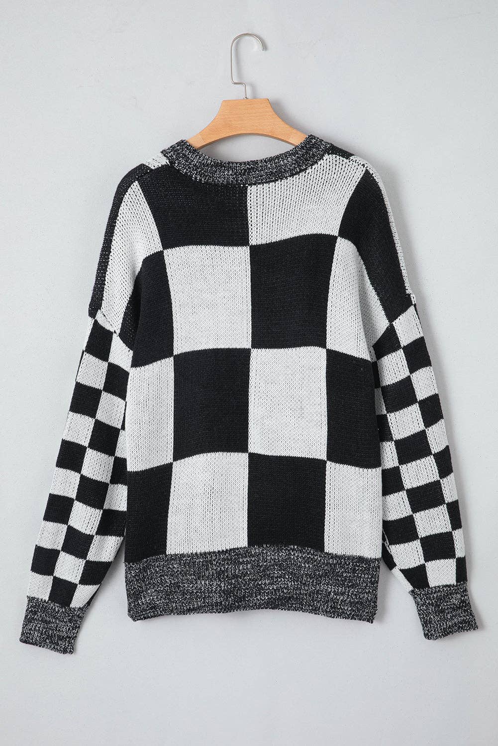 Checker Patchwork Ribbed Trim Sweater