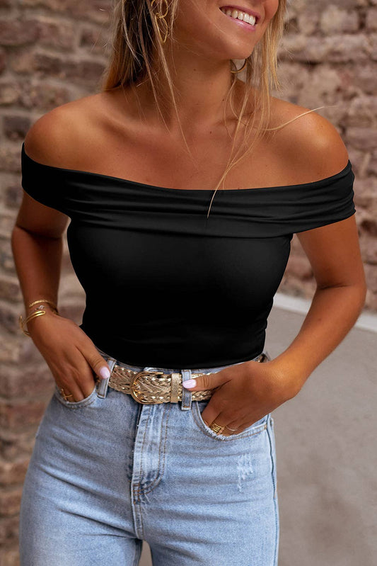 Solid Colo Folded Off Shoulder Slim Top