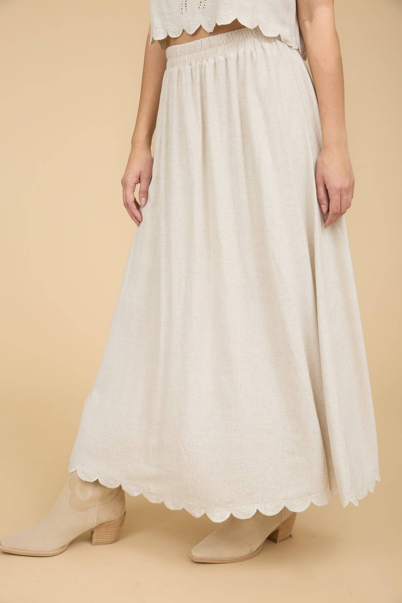 HIGH WAIST SCALLOP HEM MIDI SKIRT (PRE-ORDER)