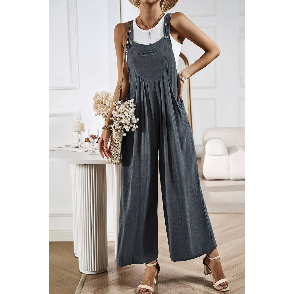 Solid Wide Leg Pocketed Shoulder Tie Overalls