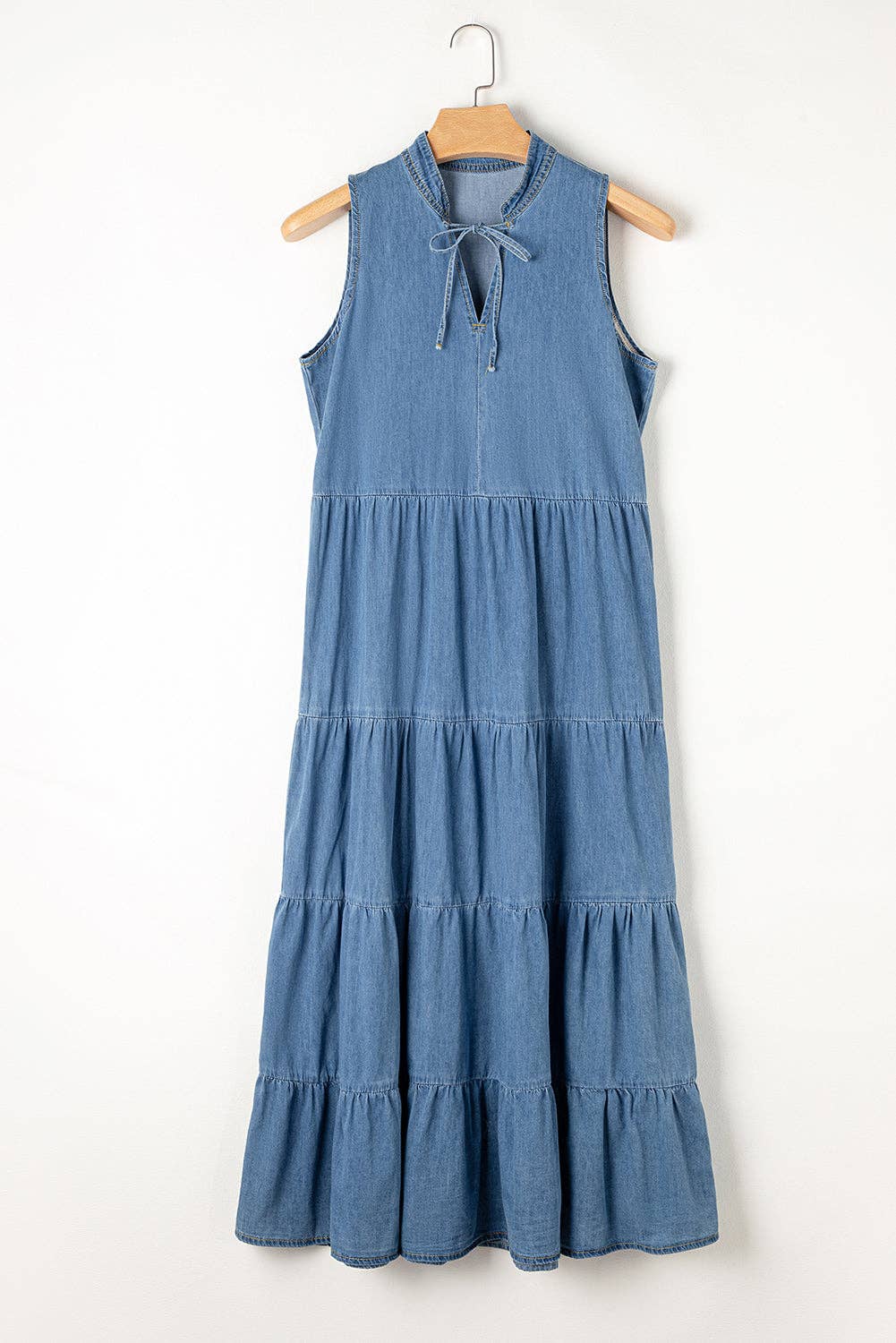 Solid Color Sleeveless Tiered Chambray Maxi Dress