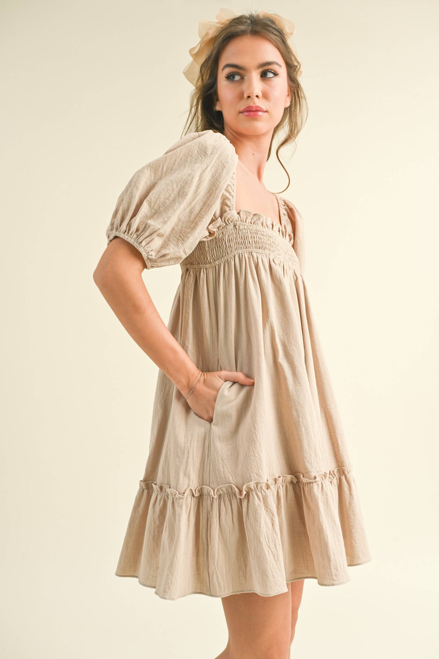 ID7048 PUFF SLEEVE SMOCKING BABY DOLL DRESS