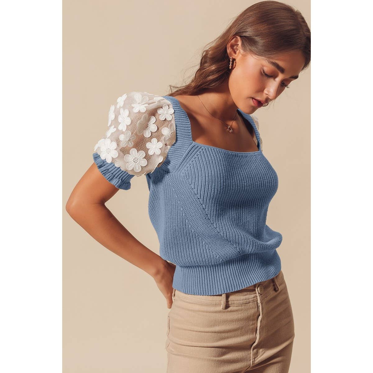 FLORAL LACE PUFF SLEEVE SQUARE NECK KNIT SWEATER