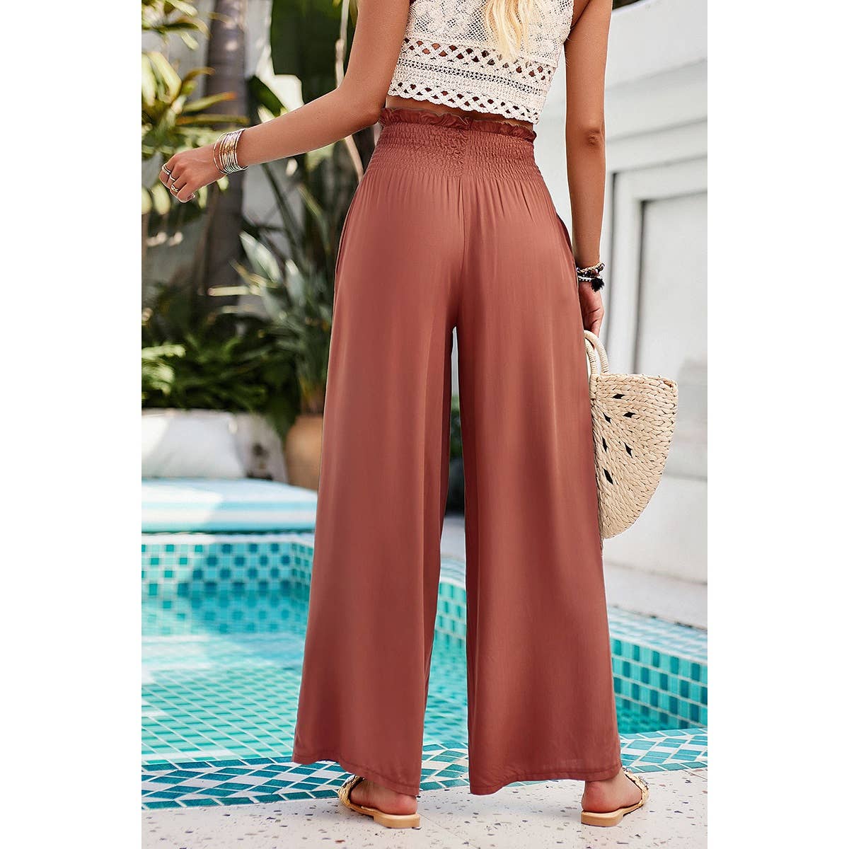 High Elastic Waist Wide Straight Leg Pockets Pants