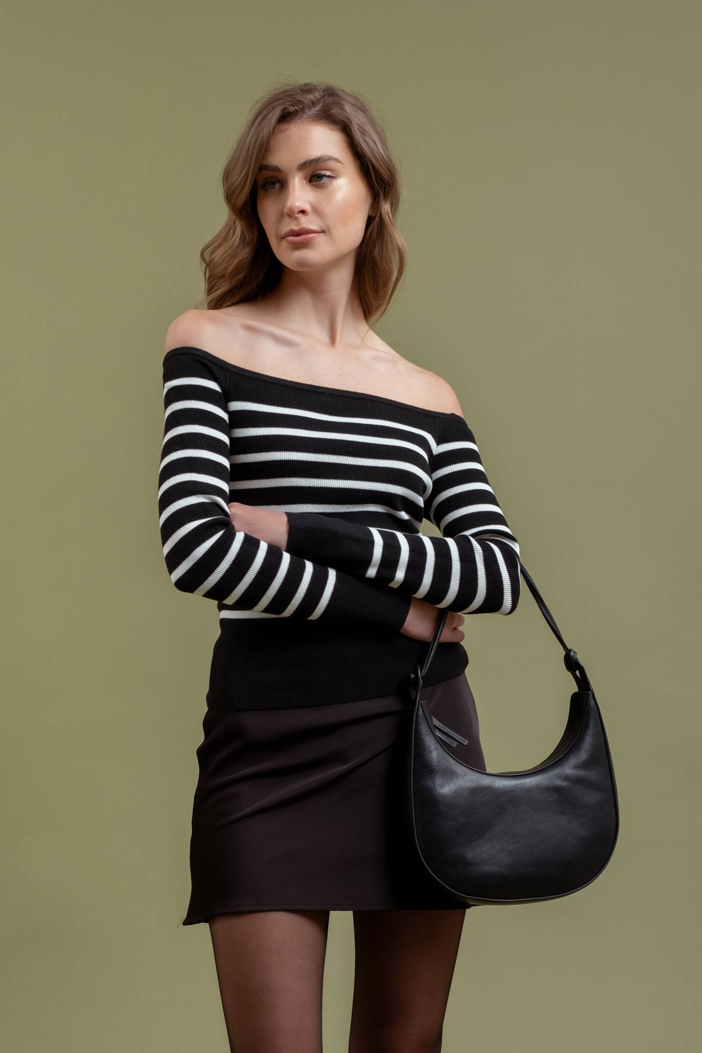 STRIPE OFF THE SHOULDER LONG SLEEVE KNIT SWEATER