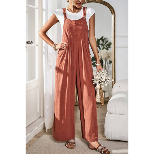 Solid Wide Leg Pocketed Shoulder Tie Overalls