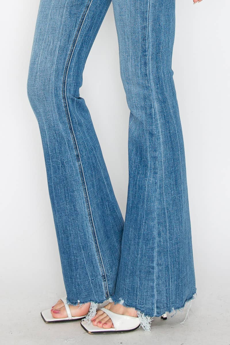 HIGH RISE CROSSOVER WAIST FLARE JEANS