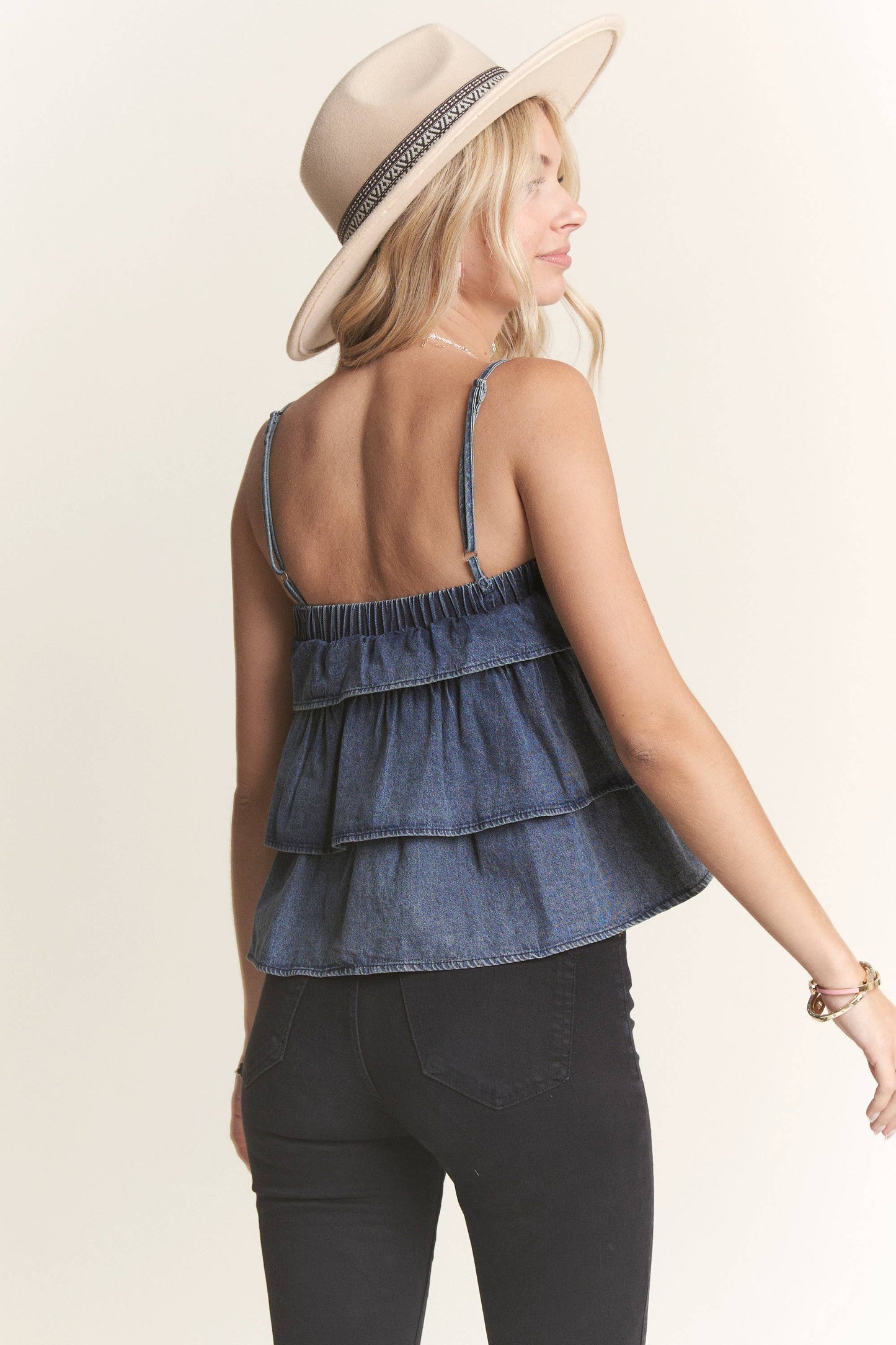 LET3696- WASHED DENIM LAYERED BABYDOLL TANK TOP