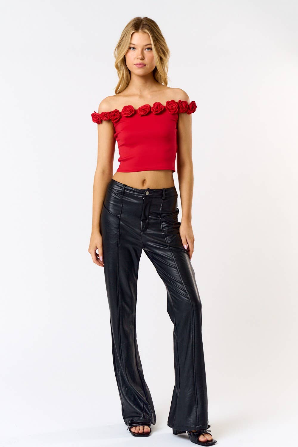 IBT32035 ROSETTE OFF-SHOULDER CROP TOP