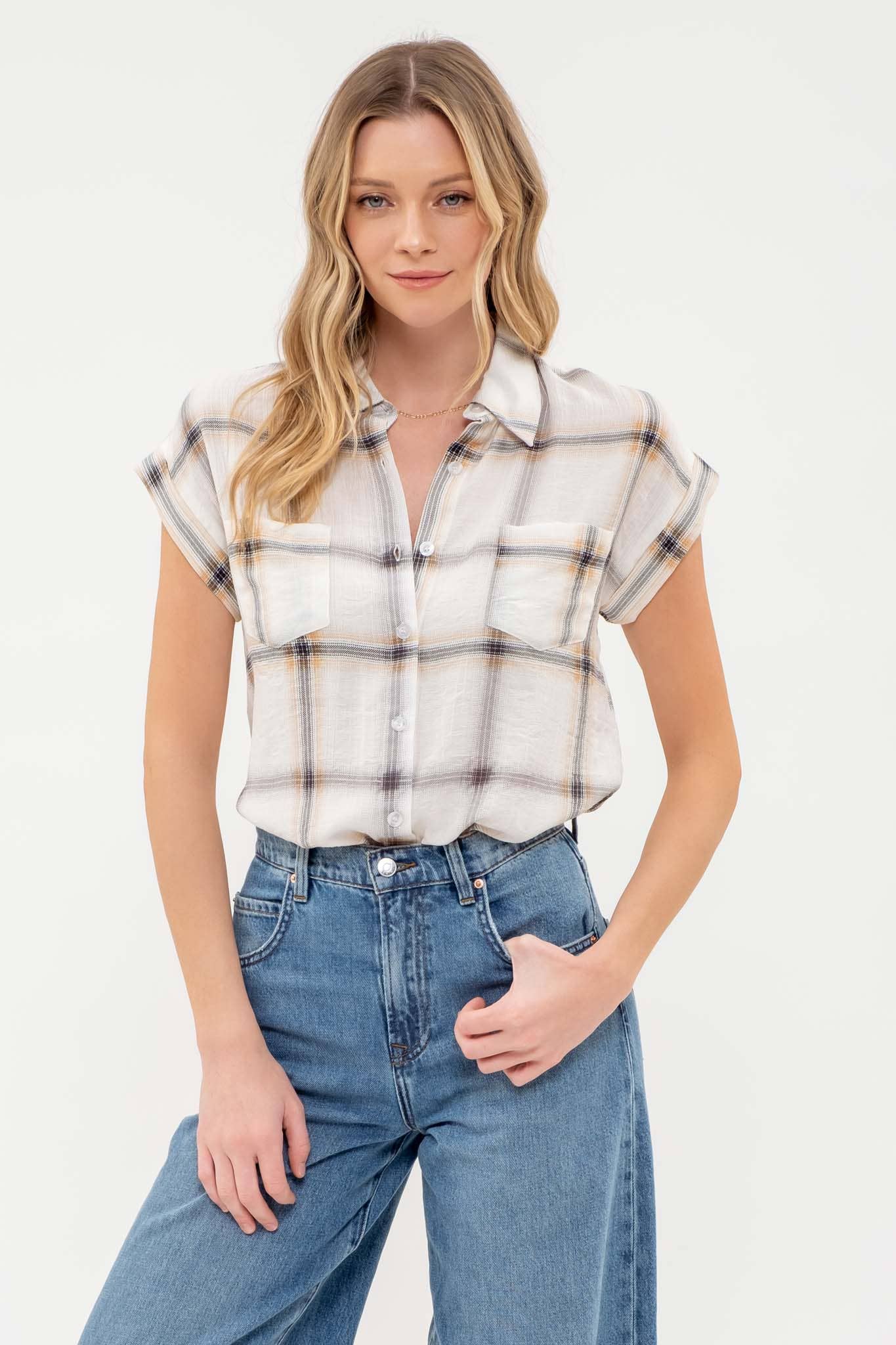 PLAID BUTTON DOWN COLLARED SHORT FOLD SLEEVE SHIRT