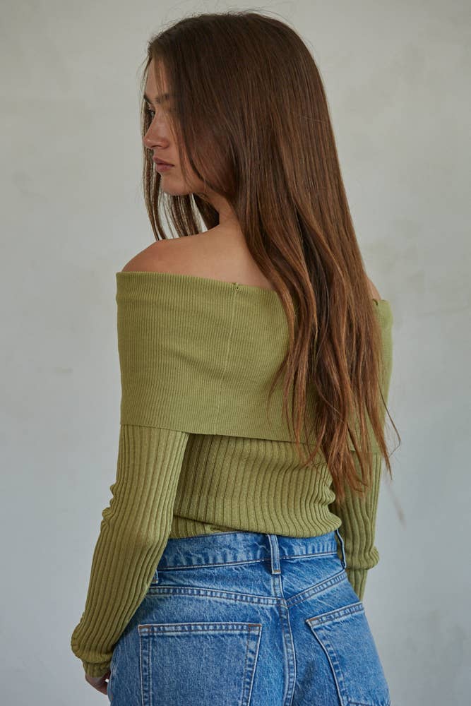 W1695 | Knit Sweater Ribbed Foldover Off The Shoulder Top