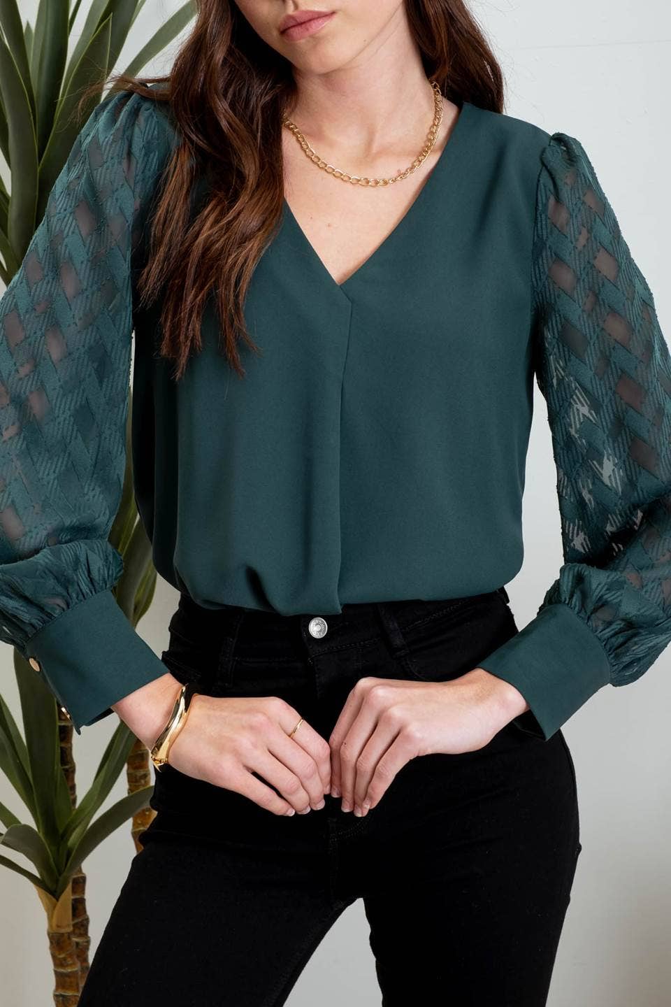 V NECK BACK BUTTONED SHEER PLAID LONG SLEEVE BLOUS