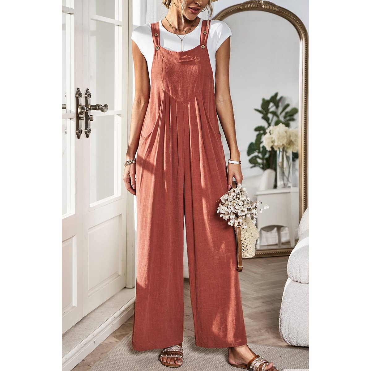 Solid Wide Leg Pocketed Shoulder Tie Overalls