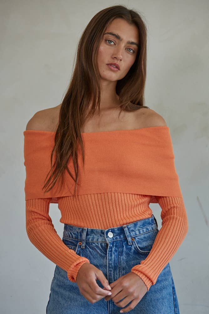 W1695 | Knit Sweater Ribbed Foldover Off The Shoulder Top