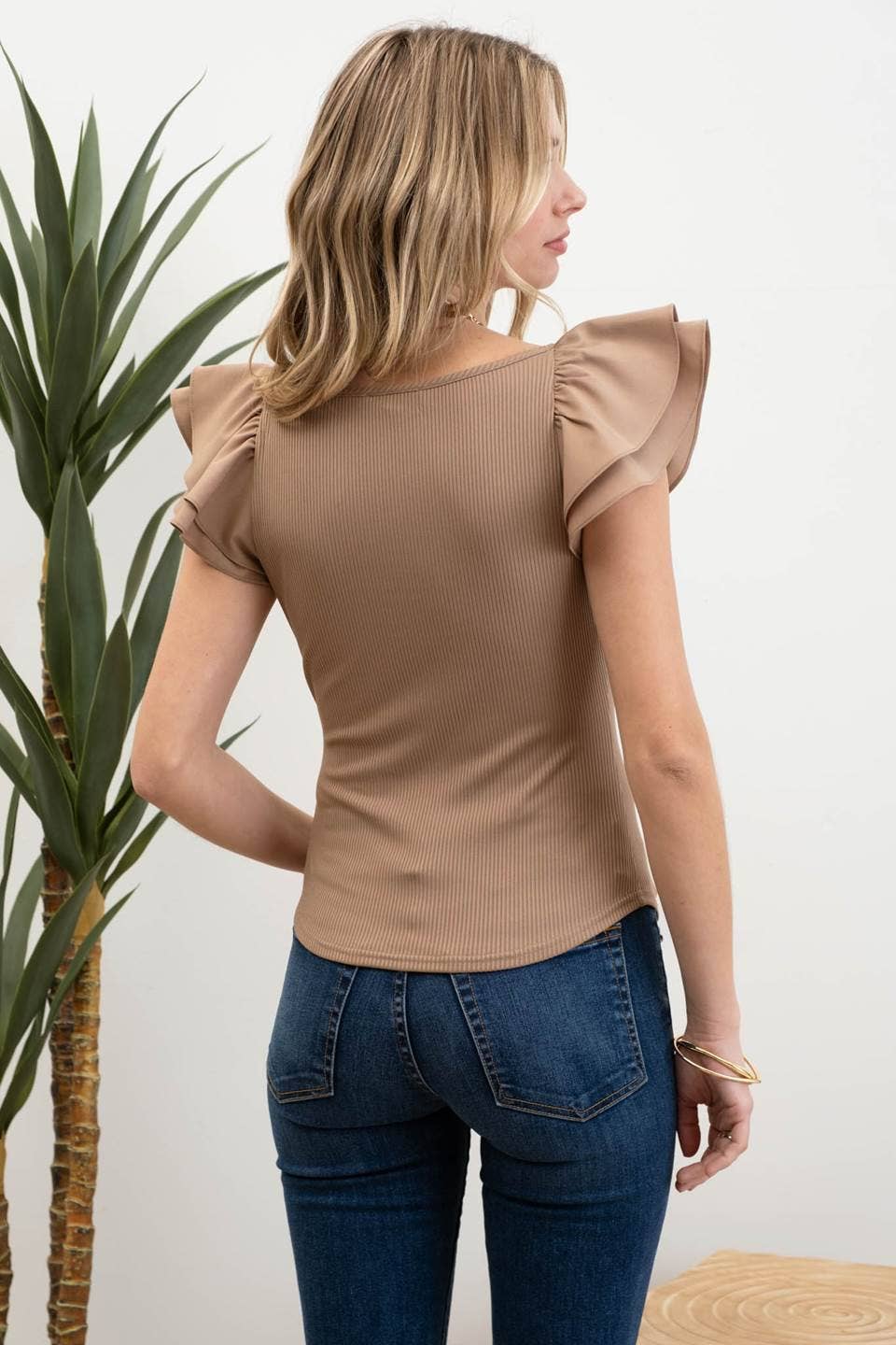 DOUBLE RUFFLE SLEEVE RIBBED KNIT TOP