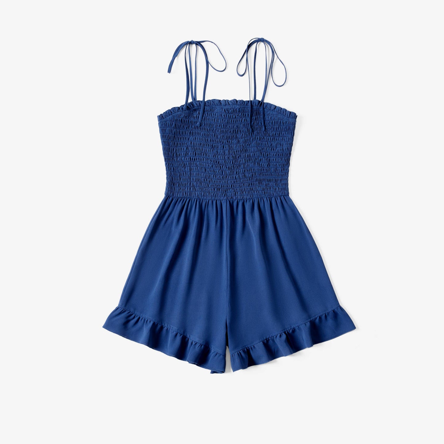 Mommy and Me Navy Blue Shirred Top Ruffle Hem Strap Romper