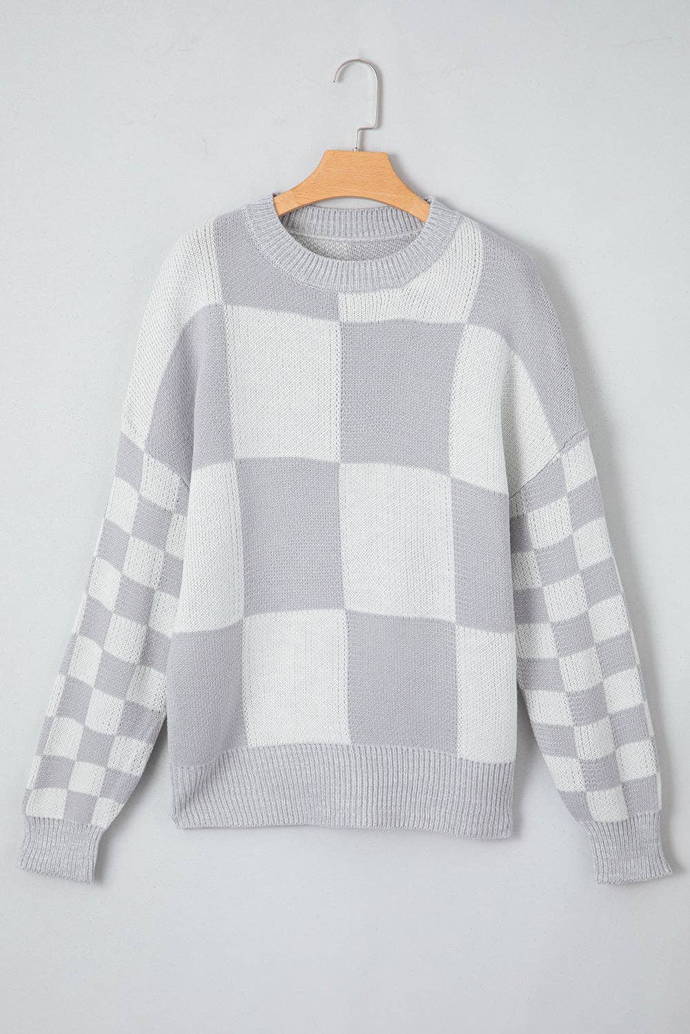 Checker Patchwork Ribbed Trim Sweater