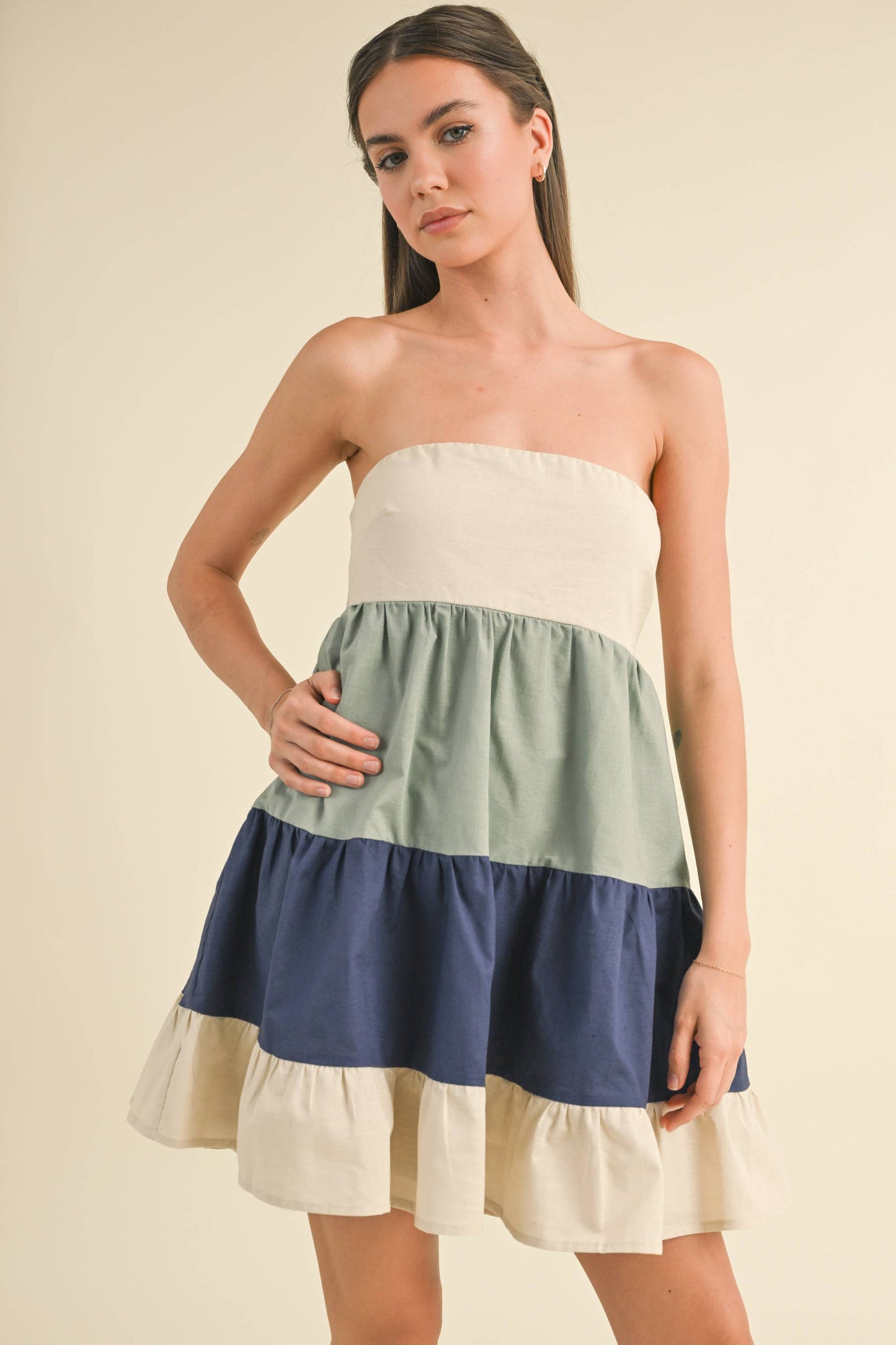 ID8180 POPLIN COLORBLOCK TUBE MINI DRESS WITH SMOCKING