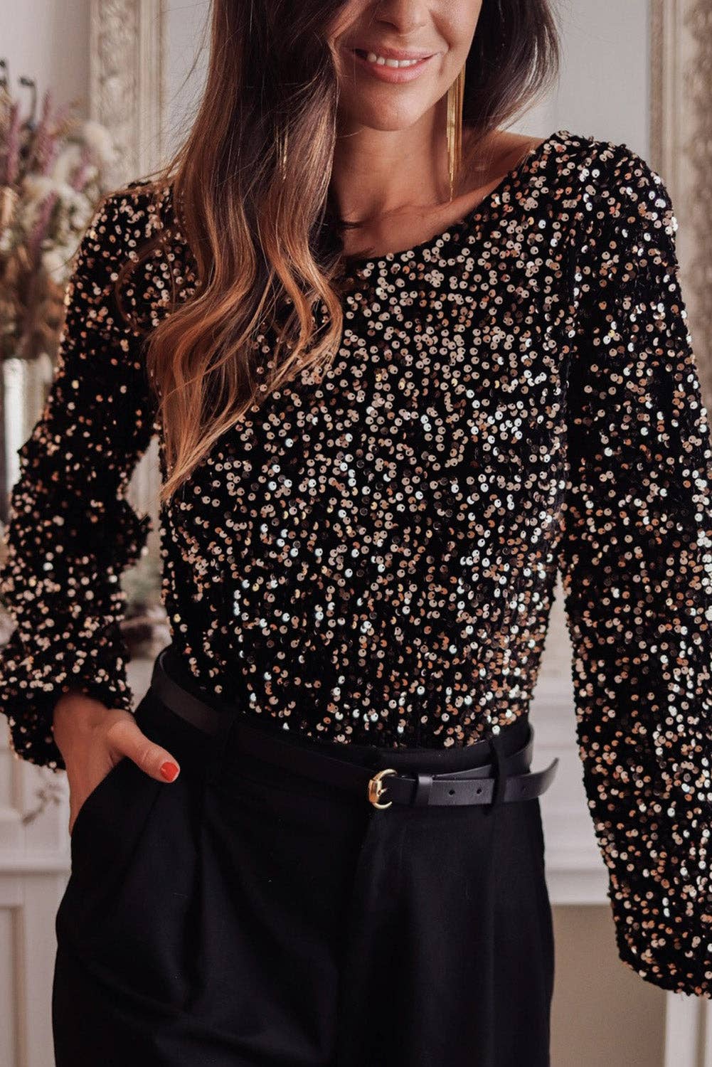 Sequin Deep V-Back Puff Sleeve Bodysuit