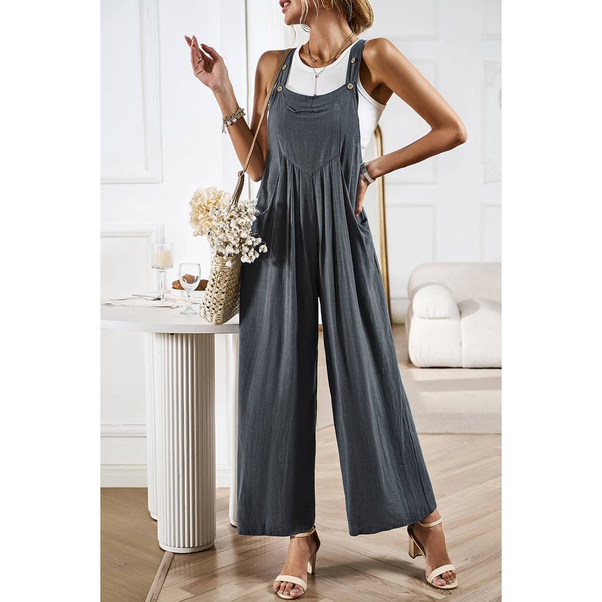 Solid Wide Leg Pocketed Shoulder Tie Overalls