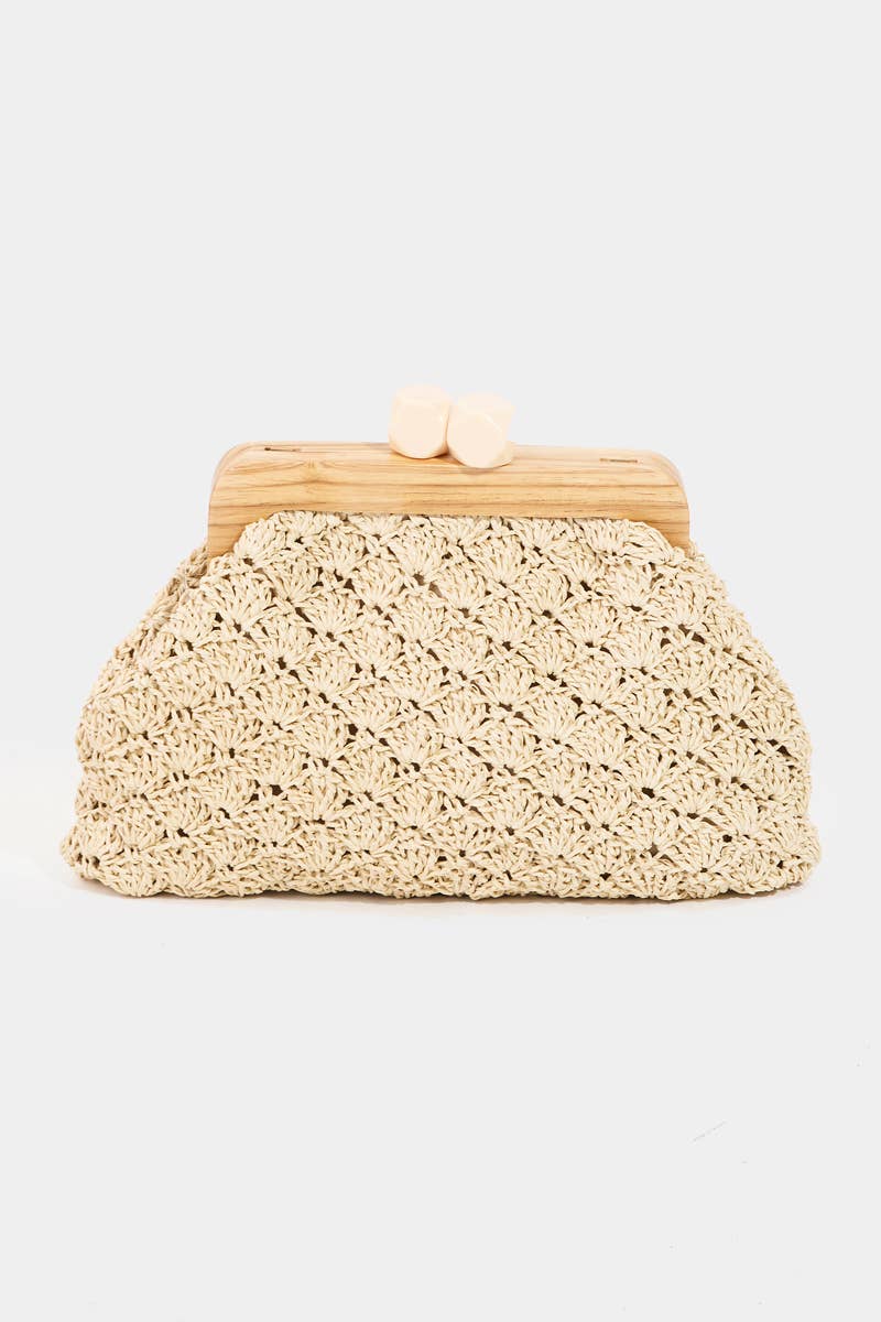 Straw Braided Wooden Frame Cluch Bag