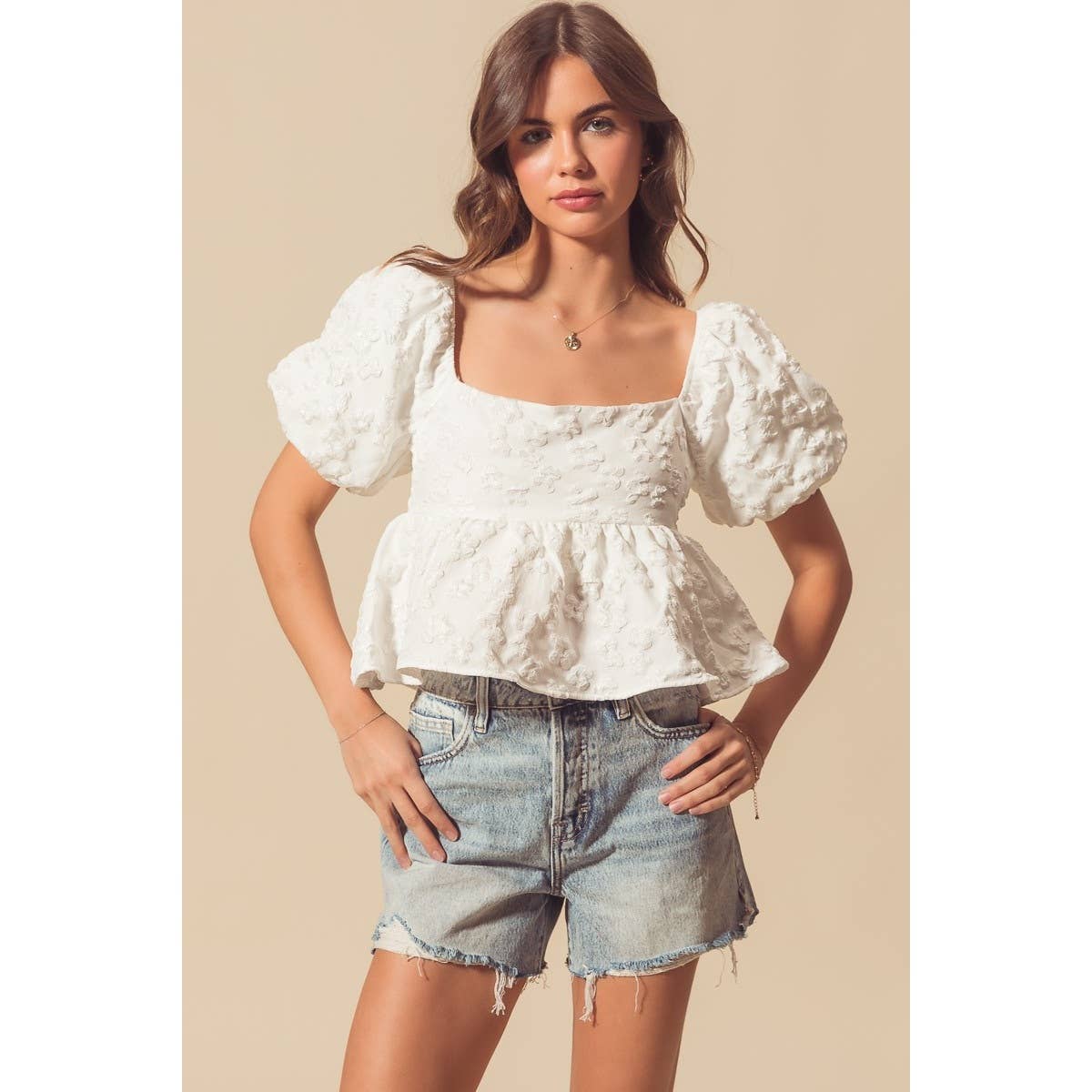 FLOWER JACQUARD BABYDOLL CROP TOP WITH TIE BACK