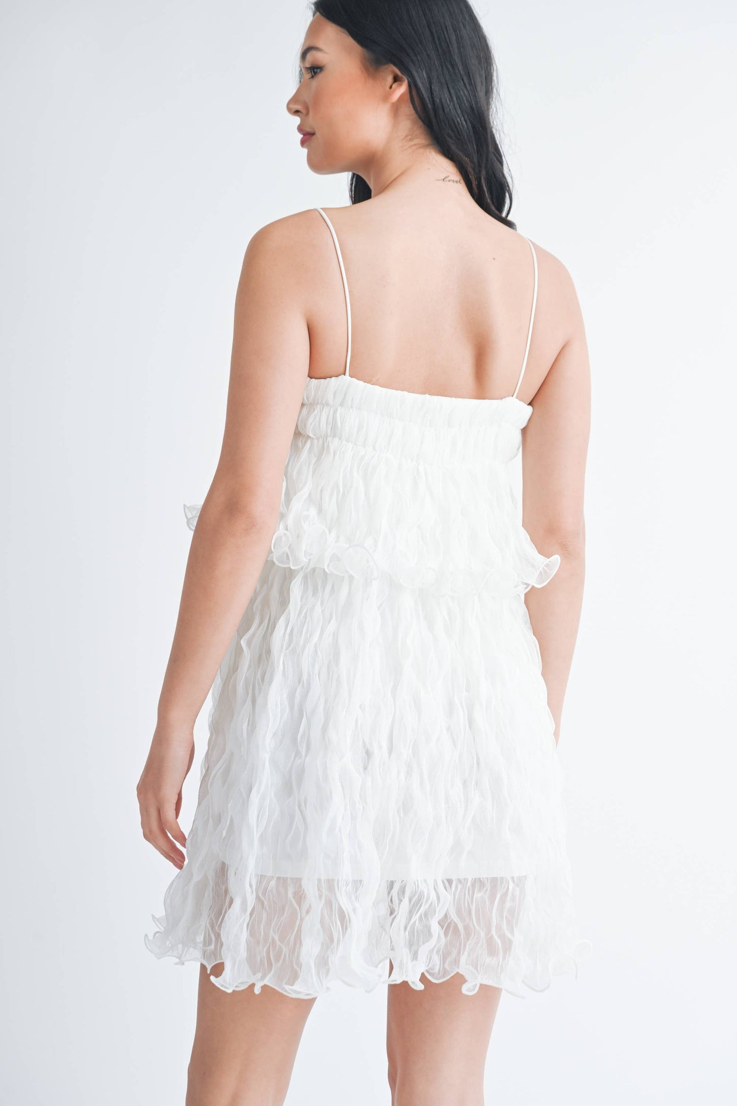 ID7877 PLEATED TULLE RUFFLED TIERED MINI DRESS