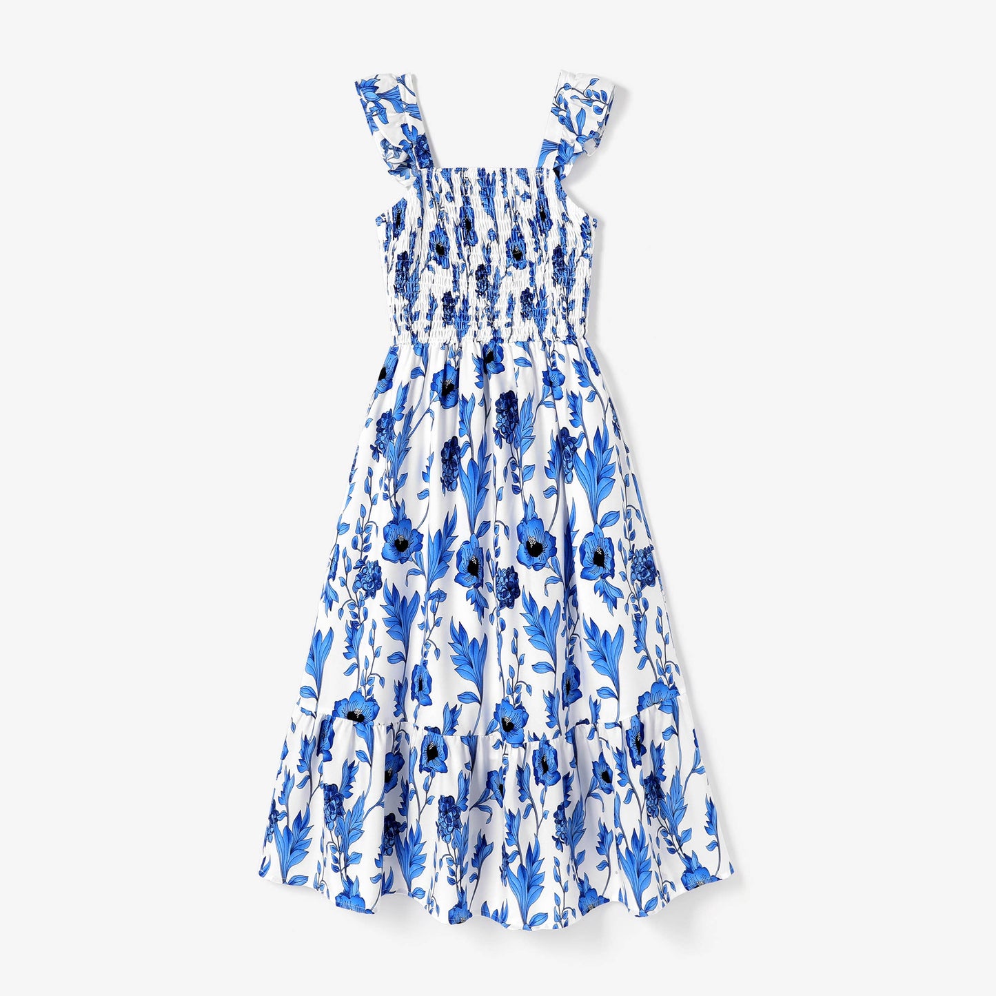 Mommy and Me Blue Floral Shirred Top Ruffle Hem Strap Dress