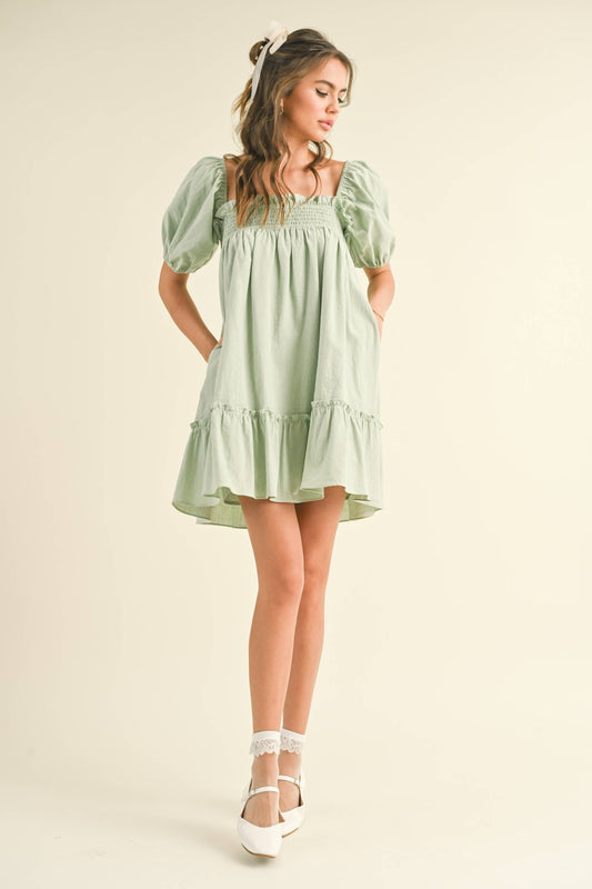 ID7048 PUFF SLEEVE SMOCKING BABY DOLL DRESS