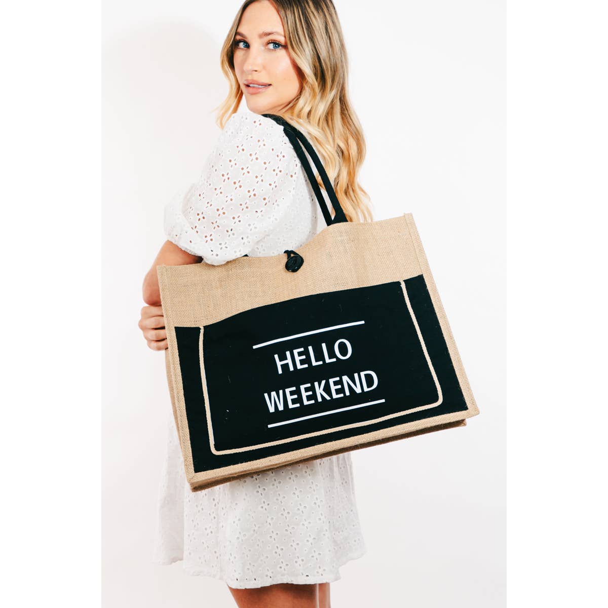 Hello Weekend Burlap Tote Bag