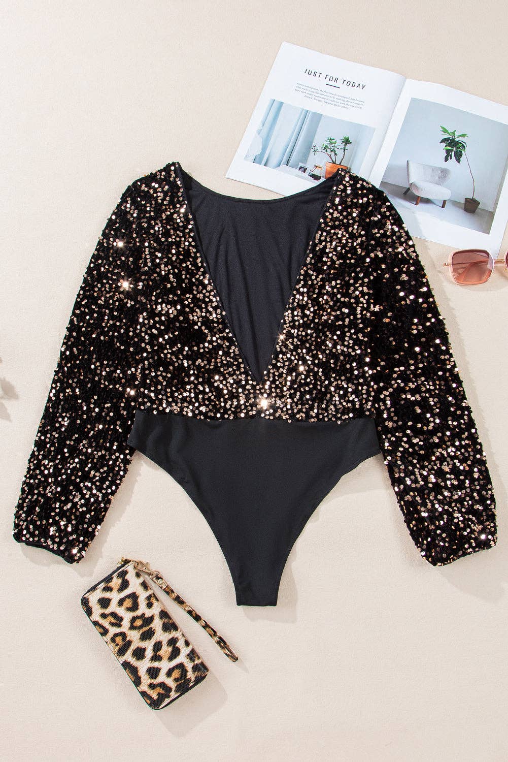 Sequin Deep V-Back Puff Sleeve Bodysuit